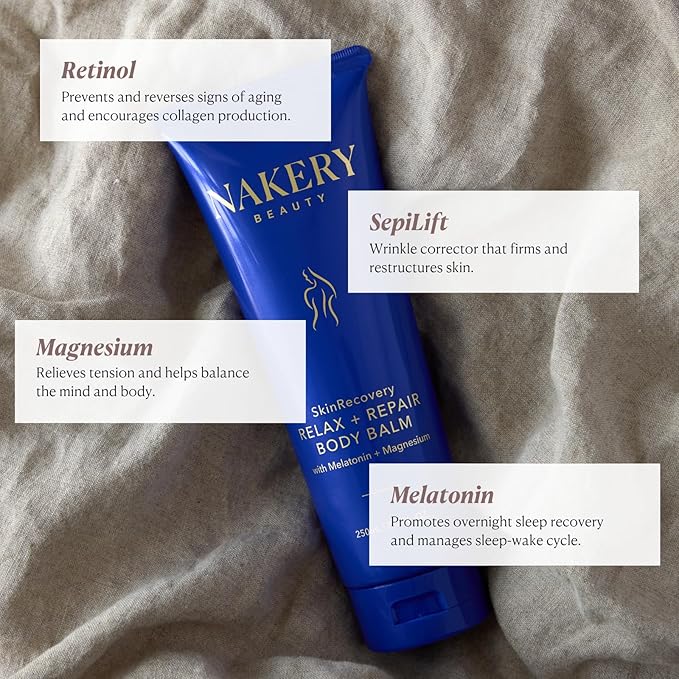 Nakery Beauty SkinRecovery Relax + Repair Body Balm, Magnesium Melatonin Sleep Lotion with Retinol + SepiLift, Firming Cream for Crepey Sagging Skin Overnight, Shea Butter, Lavender Chamomile, 250mL