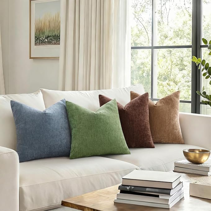 decorUhome Soft Chenille Haze Blue Throw Pillow Covers 26X26 Set of 2 | Decorative Fall Couch Pillow Covers Solid Dyed Accent Modern Euro Sham Farmhouse Neutral Square Pillow Cases for Sofa