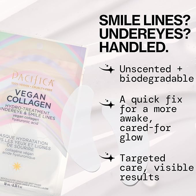 Pacifica Undereye & Smile Mask Set – Vegan Collagen Hydro Treatment with Hyaluronic Acid, Hydrating for Dark Circles, Dry & Combination Skin, Vegan & Cruelty-Free, 4 Pieces