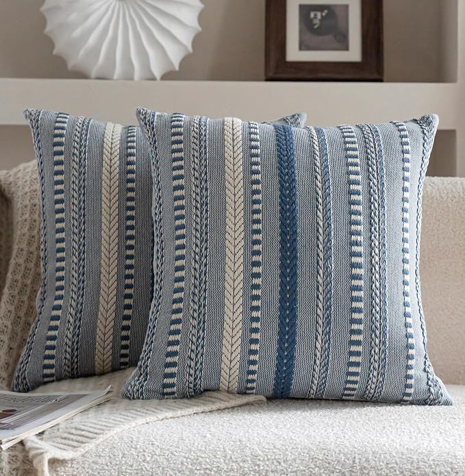 Cethom Boho Throw Pillow Covers 20x20 Inch Set of 2, Farmhouse Decorative Couch Pillow Cases, Blue Accent Pillows of Bed, Sofa Bedroom Living Room Home Decor Cushion Cover