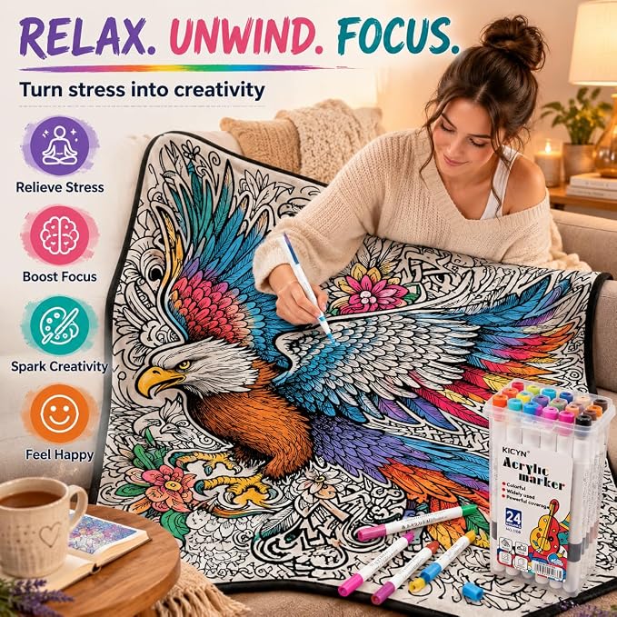 VEELU DIY Coloring Blankets with 24 Colors Markers for Adults | Custom Color In Your Own Blankets With 24 Colors Markers, Snuggle Color Sketch Washable Blankets Kit Home Decor
