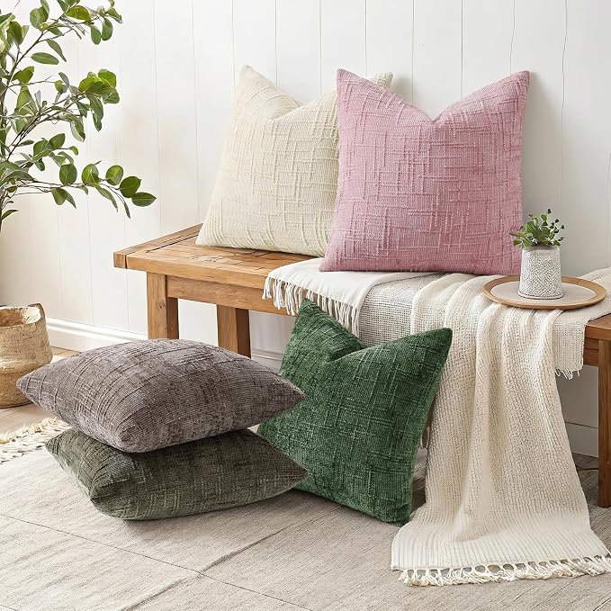 decorUhome Textured Chenille Throw Pillow Covers 20x20 Set of 2 Blush Pink | Fall Modern Farmhouse Soft Cozy Slubby Couch Pillow Cases Boho Decorative Pillow Cases for Bed Sofa Living Room Home Decor