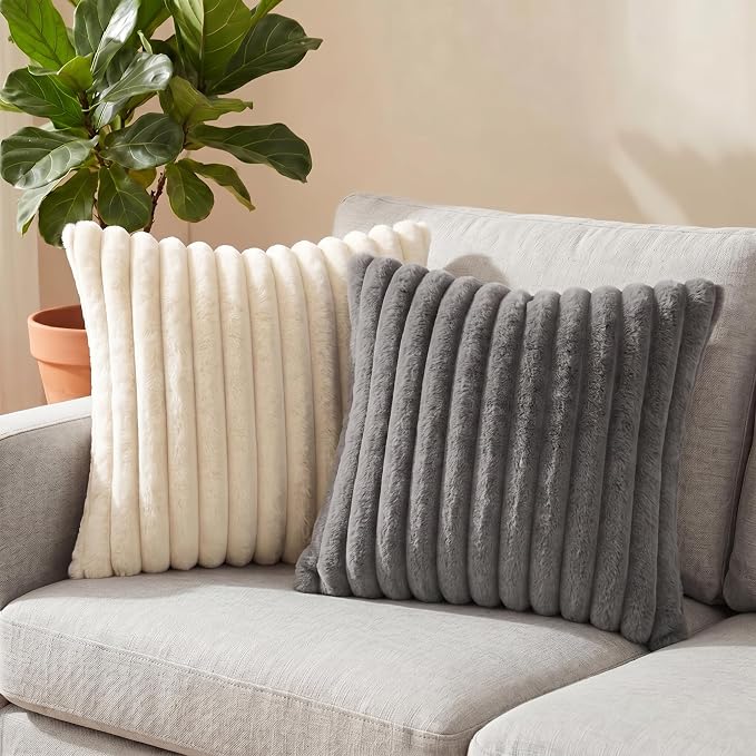 Pack of 2 Throw Pillow Covers 20x12 Decorative Solid Plush Faux Fur with Soft Velvet Back, Square Striped Cushion Cases Modern Farmhouse Home Decor for Living Room Couch Sofa Bed Dark Gray