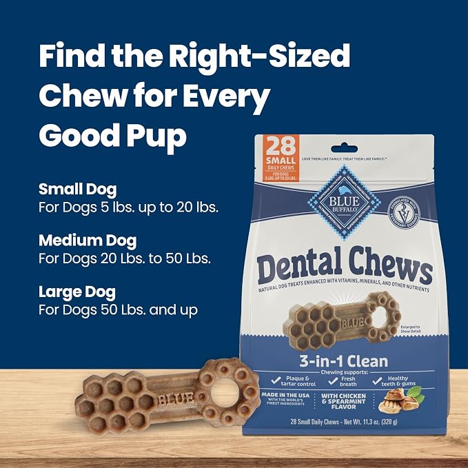 Blue Buffalo Chicken & Spearmint Small Dental Chews, 11.3 oz, 28 ct | 50 Ridges & Grooves Fight Plaque & Tartar, Spearmint Freshens Breath, Natural Ingredients