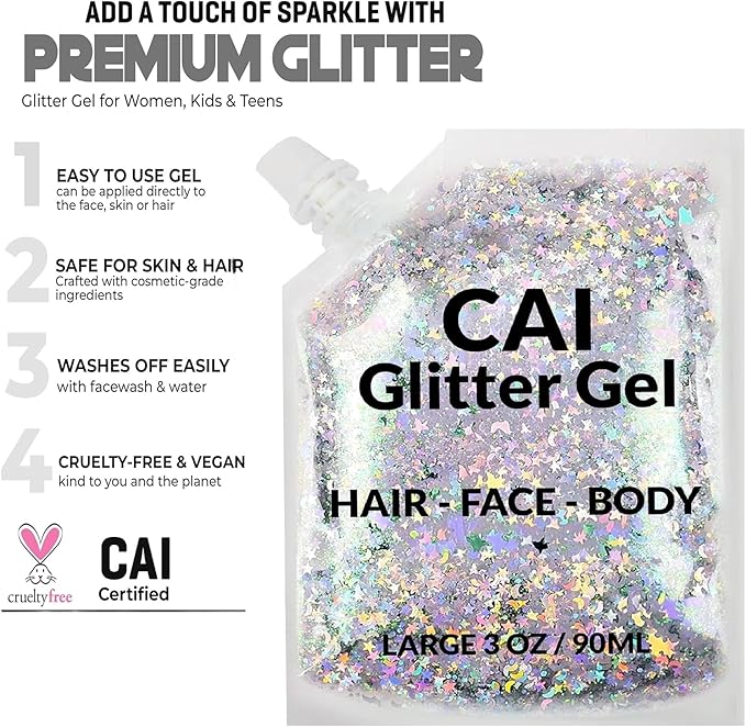 Face, Body & Hair Glitter Gel – Halloween Glitter for Kids and Women – 3 Oz Cosmetic-Grade Gel w/Moon & Stars for Festivals & Halloween Party, Easy Apply & Wash Off - Silver/Pink 2Pack