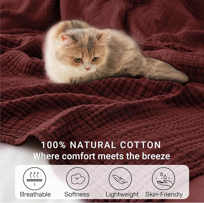 100% Cotton Muslin Blanket 50"x 60", 6 Layers Breathable and Lightweight Cotton Throw Blankets for Couch, Soft Cooling Summer Gauze Blanket for Adults All Season, Burgundy