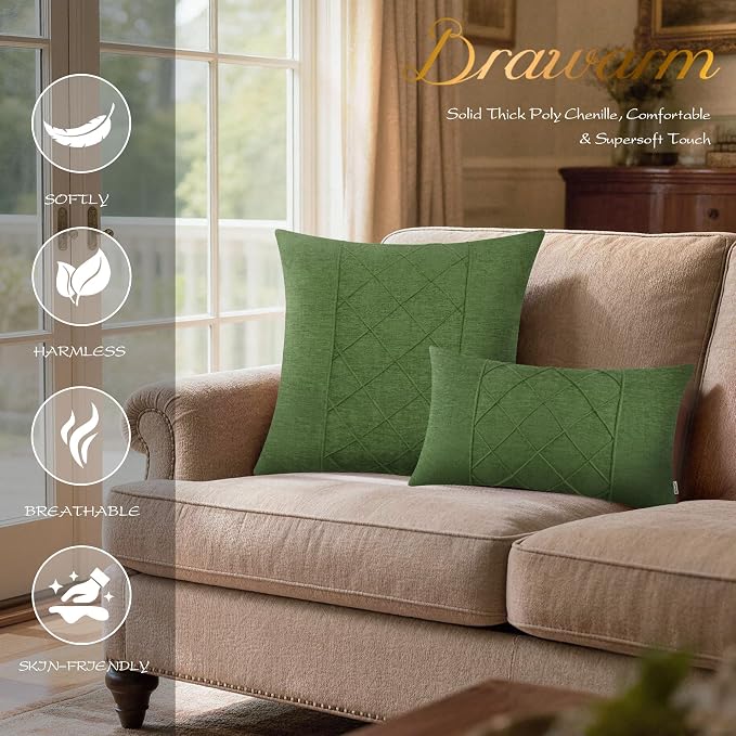 BRAWARM Chenille Throw Pillow Covers 12x20 Inches, Forest Green, 2 Pack | Decorative Lumbar Pleated Pillow Covers, Soft Cushion Cases for Sofa Bed Living Room Home Farmhouse (No Insert)