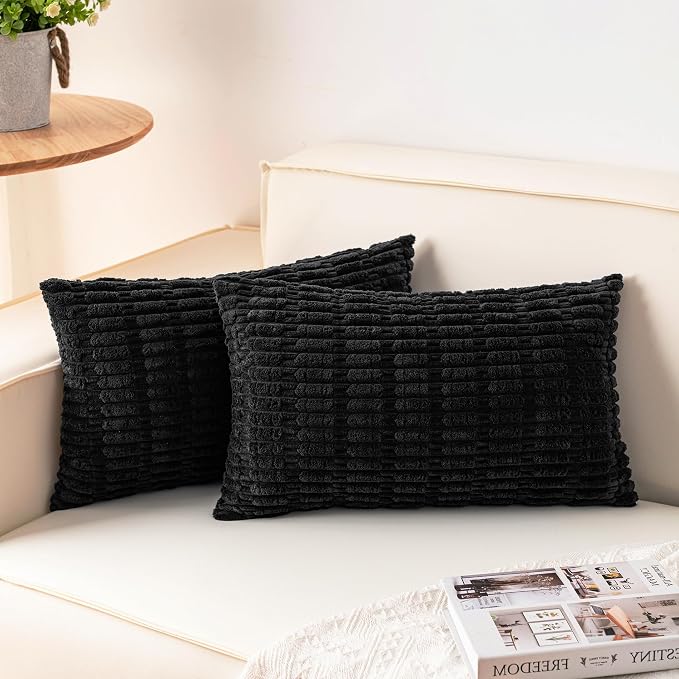 Aegero Pack of 2 Corduroy Decorative Throw Pillow Covers 12x20 Inch, Black | Fall Soft Striped Pillow Covers Modern Farmhouse Home Decor Christmas Throw Pillow Covers for Sofa Living Room Couch Bed