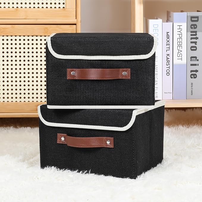 ANMINY Fabric Storage Box Bins with Lids, Black, 10"x8"x7", 4 Pack | Keepsake Memory Storage, Cotton Linen, PP Board Reinforced, Washable, PU Handles, Foldable & Stackable, Decorative, Small
