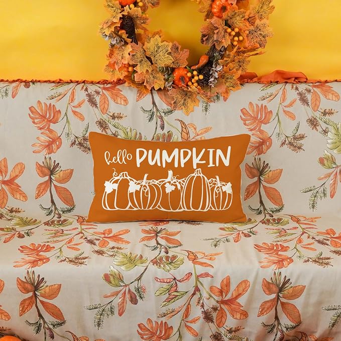 ONWAY Fall Pillow Cover 12x20 Hello Pumpkin Decorative | Throw Cushion Case for Couch Sofa Farmhouse Decor Autumn Thanksgiving Pillowcase for Home Decorations