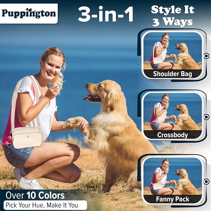Puppington 3-in-1 Crossbody Dog Treat Pouch for Pet Training - Compostable Poop Bags, Built-In Poop Bag Dispenser, Slow-Feeding Travel Dog Bowl & Reflective Leash - Dog Walking Bag (Vanilla Cream)