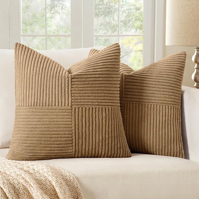 MIULEE Camel Brown Decorative Throw Pillow Covers for Couch 18x18 Inch | 2 Pack, Boho Farmhouse Pillow Covers, Soft Cross Corduroy Patchwork Textured Cushion Cases For Bed Sofa