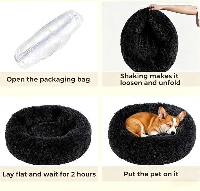 Calming Donut Dog and Cat Bed for Indoor Cats, Anti-Anxiety Round Fluffy Soft Washable Small Pet Bed for Puppy and Kitten, Warming Comfortable Luxury Anti-Slip Waterproof Mute Base 20in Black