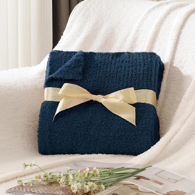 Navy Blue Throw Blanket for Bed, Super Soft Knit Blankets, Cozy Fleece Fuzzy Fluffy Plush Chenille Throws Blanket for Couch, Sofa, 60 x 80 inches