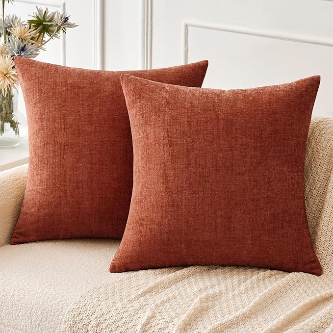 MIULEE Soft Chenille Fall Throw Pillow Covers Burnt Orange 20x20 Pack of 2 | Modern Fall Home Decor, Classic Decorative Pillows, Solid Dyed Cases, Boho Couch Cushion Covers for Sofa Bed Living Room