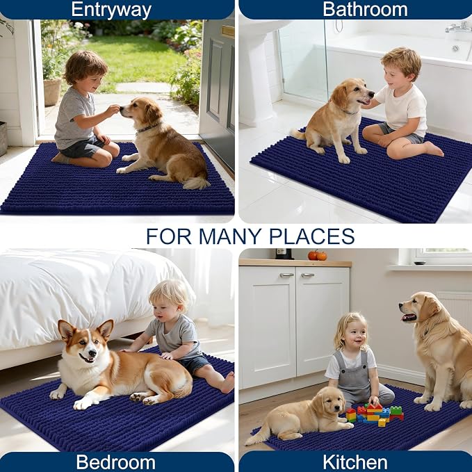 OLANLY Dog Door Mat for Muddy Paws 40x32, Extra Absorbent Chenille Mud Mat | Navy Blue, Absorbs Moisture and Dirt, Non-Slip Machine Washable Doormat, Quick-Drying Indoor Entryway Floor Mat for Dogs