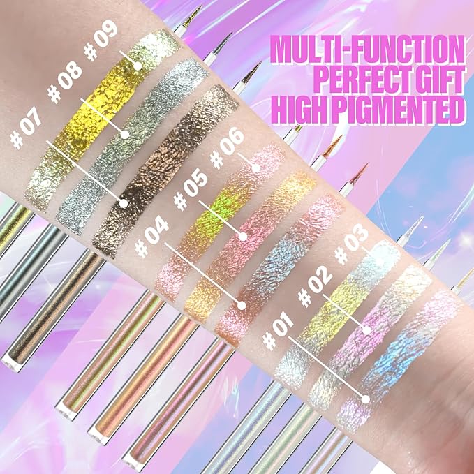 Multichrome Liquid Eyeshadow Set,3 Colors Multi-Dimensional Eye Liner Makeup,High Pigment Waterproof Metallic Eye Shadow,Ultre Fine Tip Glitter Eyeshadow (04 wonder+05 sunrise+06 dusk)