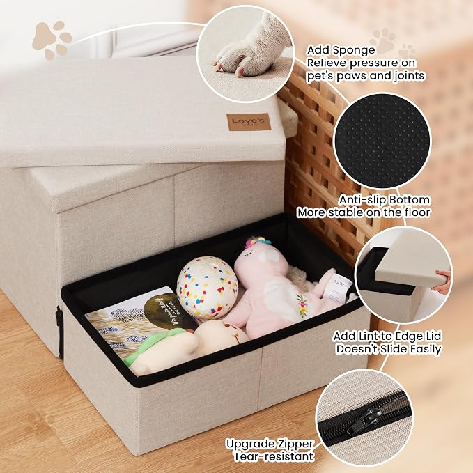 Love's cabin Dog Stairs for High Bed, Foldable Pet Stairs for Small Medium or Large Dogs Puppy with Storage for Bed or Couch, Cat Dog Steps Ramp with Zip up to 200 lbs, Beige, 2 Steps