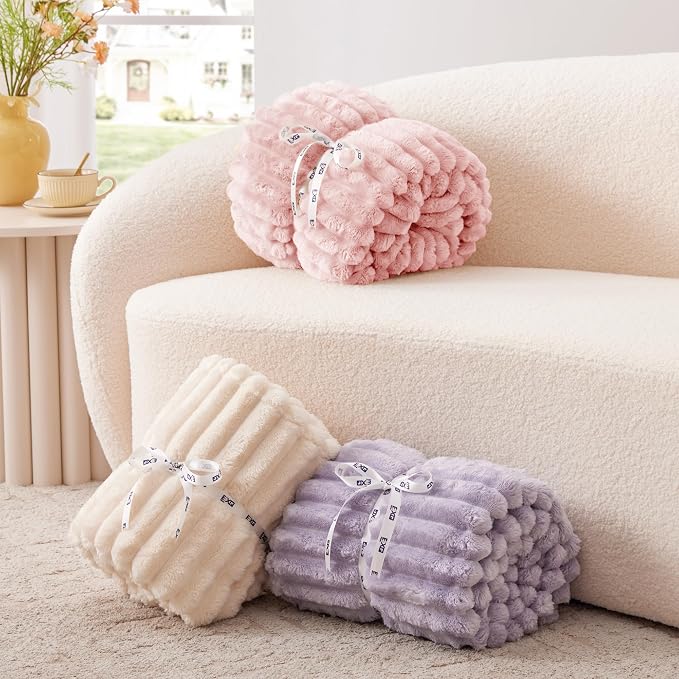 EXQ Home Fleece Blanket Twin Size for Couch or Bed - 3D Stripe Jacquard Decorative Blankets - Cozy Soft Lightweight Fuzzy Flannel Blanket Suitable for All Seasons(60"×80",Pink)