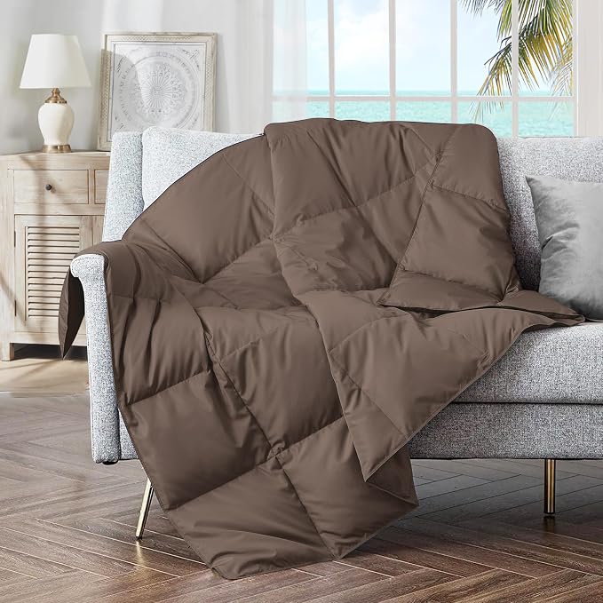 puredown® Soft Feather Down Throw Blanket Lightweight Packable Couch Throw for Indoor and Outdoor Use, Throw 50"X70", Chocolate