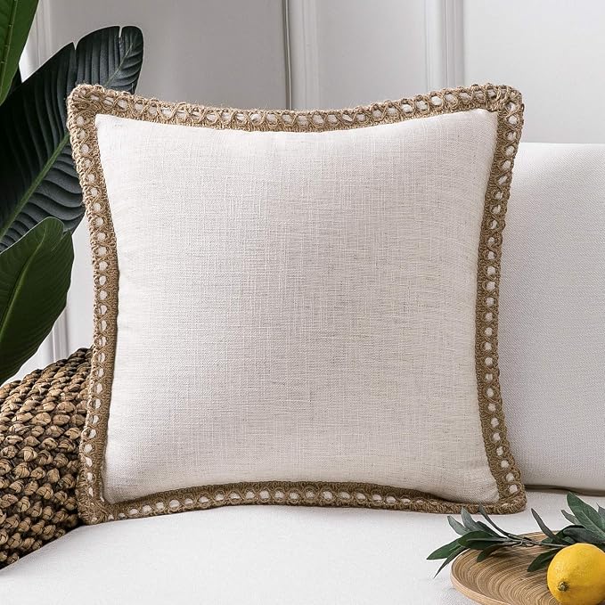 Phantoscope Farmhouse Solid Throw Decorative Pillow Cover Burlap Linen Trimmed Tailored Edges Outdoor Pillow Off White 20 x 20 inches, 50 x 50 cm, Pack of 1