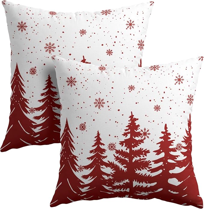 Kawani Christmas Trees Pillow Covers 22x22 Inches, 2 Pcs Red White Xmas Snowflakes Pine Tree Pillowcase Cotton Linen Square Cushion Case for Couch Bed Sofa Holiday Party Home Décor