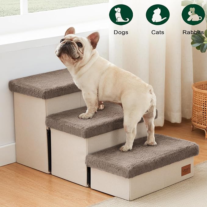 Love's cabin Dog Stairs for High Bed, Foldable Pet Stairs for Small Medium or Large Dogs Puppy with Storage for Bed or Couch, Cat Dog Steps Ramp with Zip up to 200 lbs, Brown, 3 Steps