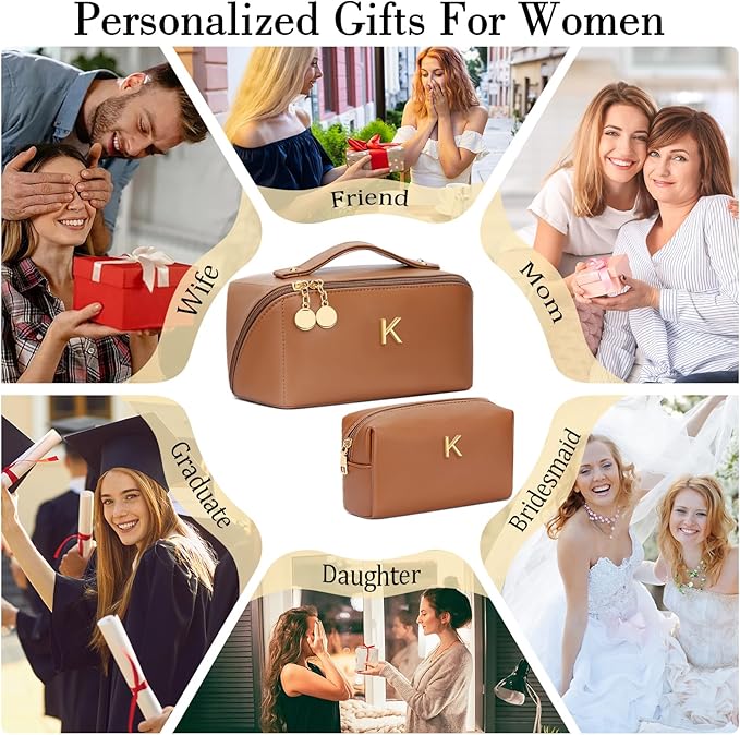 Birthday Gifts for Women Teen Girl, Personalized Initial Makeup Organizer Bag Set, Open Flat Travel Cosmetic Bag With Clear Divider and Handle(Brown,K)