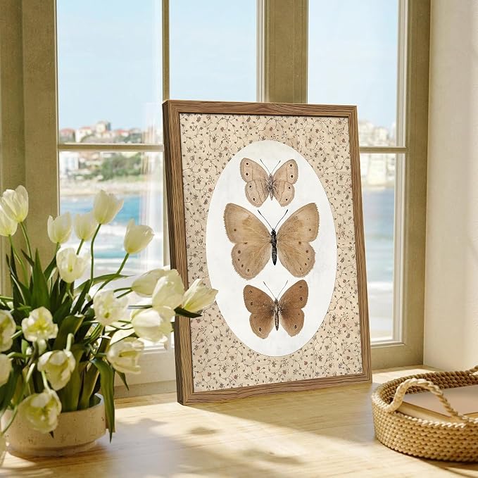 Framed Butterfly Canvas Wall Art, Vintage Butterfly Pictures Posters Wall Decor, Modern Farmhouse Decor, Rustic Retro Butterflies Paintings Prints for Bedroom Bathroom Shelf 16x24 inch