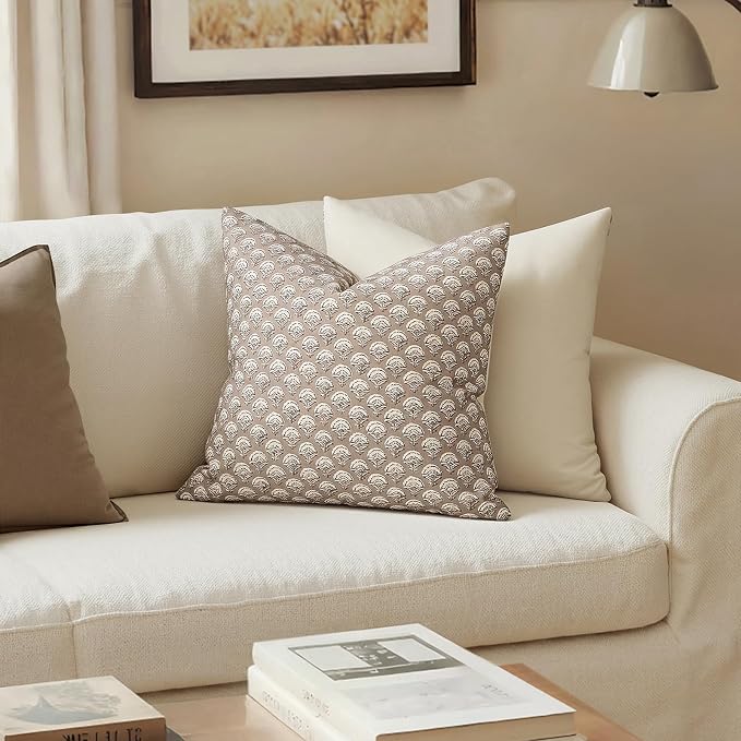 MIULEE Floral Print Decorative Euro Pillow Covers 22x22, Light Taupe | Vintage Boho Farmhouse Modern Home Decor, Set of 2, Block Print Cushion Covers for Couch Sofa Bed Living Room
