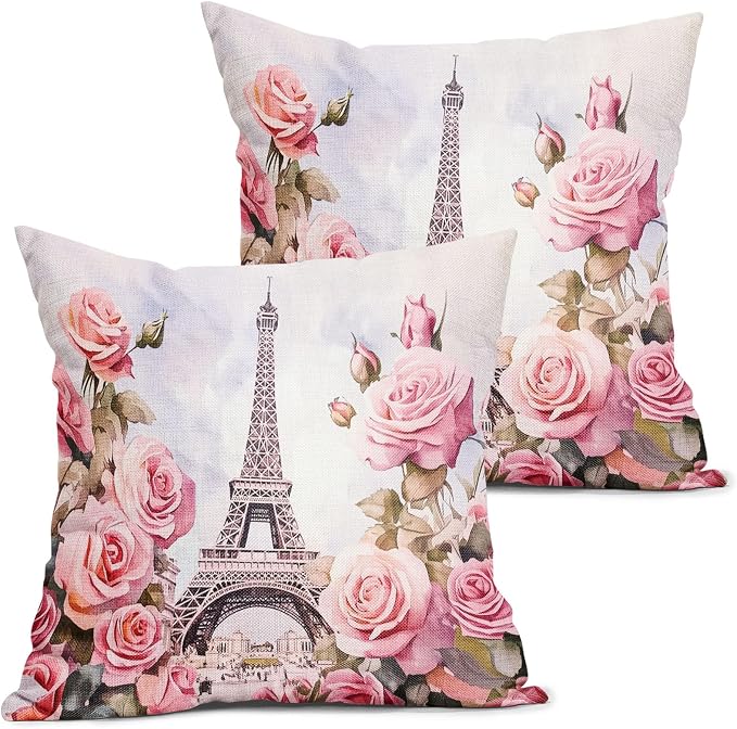Valentine's Day Pillow Covers 16X16 Inch Set of 2 Paris Street Romantic Love Pink Flower Decorative Pillow Cases Anniversary Wedding Cushion Case Valentine Party Home Decor for Sofa Couch