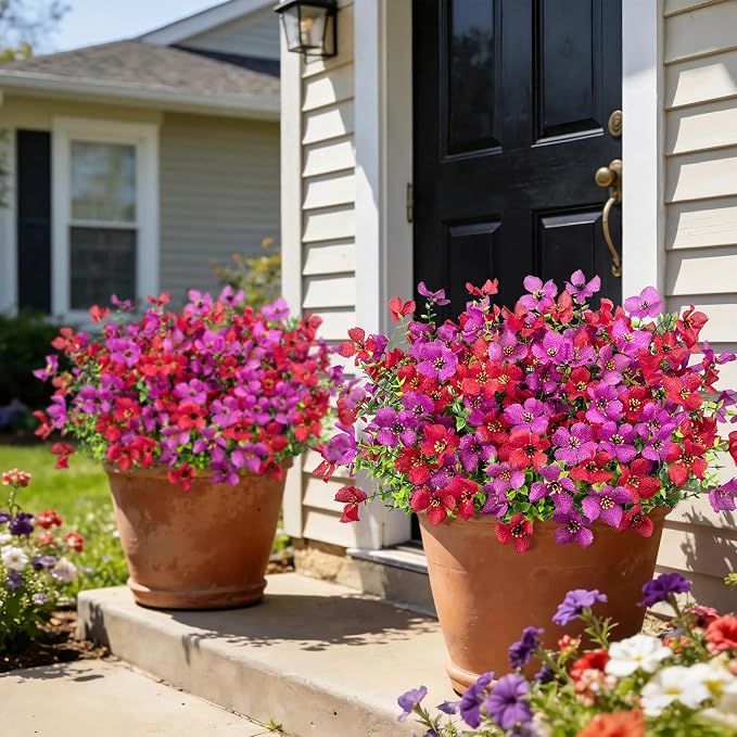 16 Pcs Artificial Flowers for Outdoors Decoration, Purple & Red | Realistic, silk flowers, faux plastic plants, UV resistant, for summer garden porch window vase indoor outdoor home decor