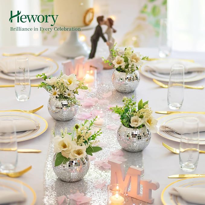 Disco Ball Vases for Table Centerpieces - Hewory 12pcs Silver Mirror Glass Planters Flower Pot Containers, Bulk Disco Balls Bowl Candle Holders for Wedding Bridal Shower Birthday Events Party Decor