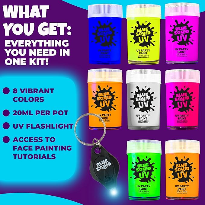 Blue Squid UV Body Paint - Glow in the Dark Body Paint, Neon Face Paint for Glow Party Accessories - Safe, Non-Toxic Black Light Glow Makeup for Adults & Kids, Multicolor 8 x Pots with Mini UV Light