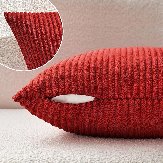 MIULEE Soft Corduroy Throw Pillow Covers Set of 2 22x22 Christmas Red | Decorative Striped Textured Cushion Cases, Boho Energetic Vibe Pillowcases, Home Decor for Couch Chair Sofa Bed Living Room