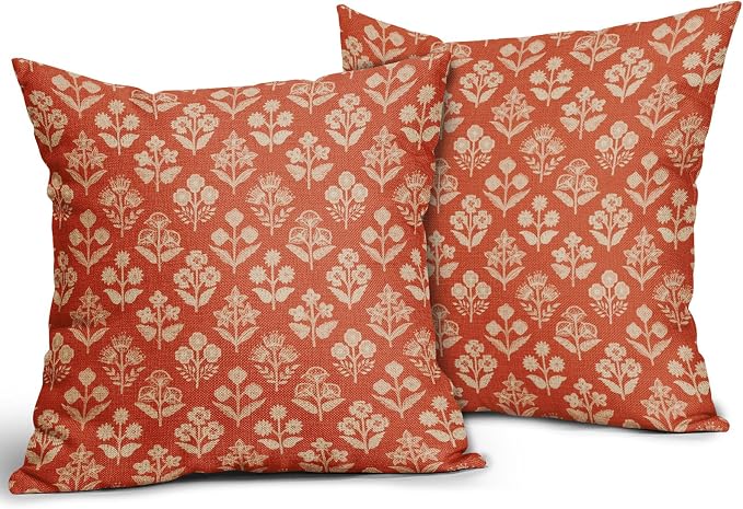 Dark Orange Floral Block Print Pillow Covers 16x16 Inch Set of 2, Vintage Flower Pattern Decorative Throw Pillowcases Outdoor Farmhouse Cushion Covers Fall Rustic Sofa Couch Bed Decor