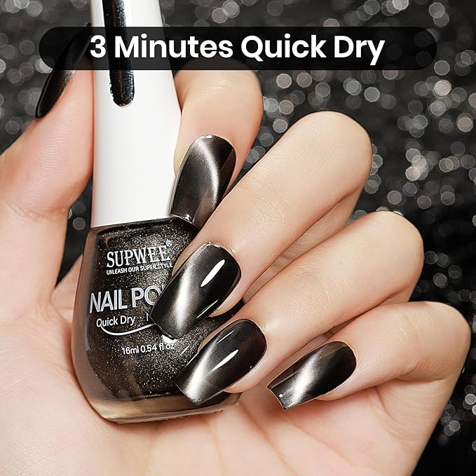 Black Cat Eye Nail Polish Non Gel, Magnetic Nail Polish Lacquer Quick Dry Shimmer Glitter Effect with Magnet Air Fast Dry Manicure DIY Salon 16ml/0.54 oz