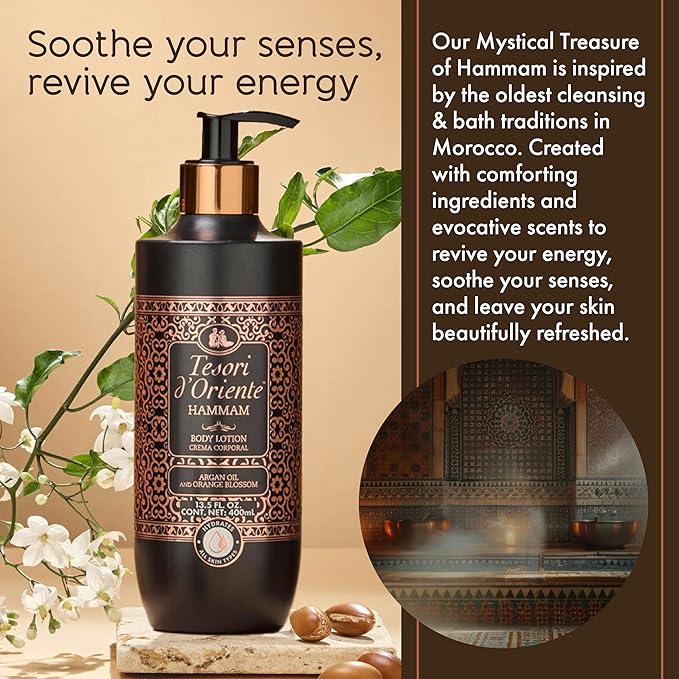 Tesori d’Oriente Hammam Body Lotion, 13.5 fl oz, Daily Full Body Moisturizer with Argan Oil, Fast-Absorbing, Lightweight & Non-Greasy, Orange Blossom Scented, All Skin Types