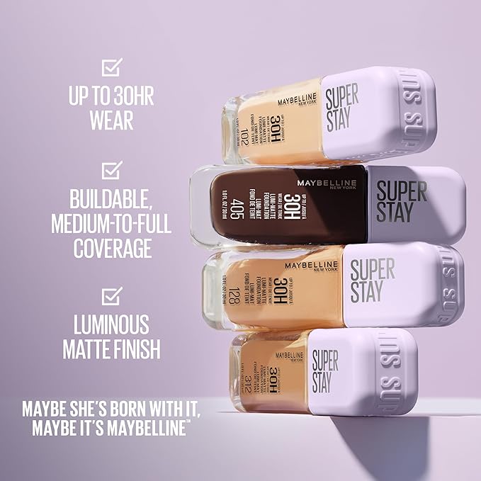 Maybelline Super Stay Lumi-Matte Foundation, Lightweight and Buildable Full Coverage Foundation Makeup For Up To 30HR Wear, 112, 1 Count