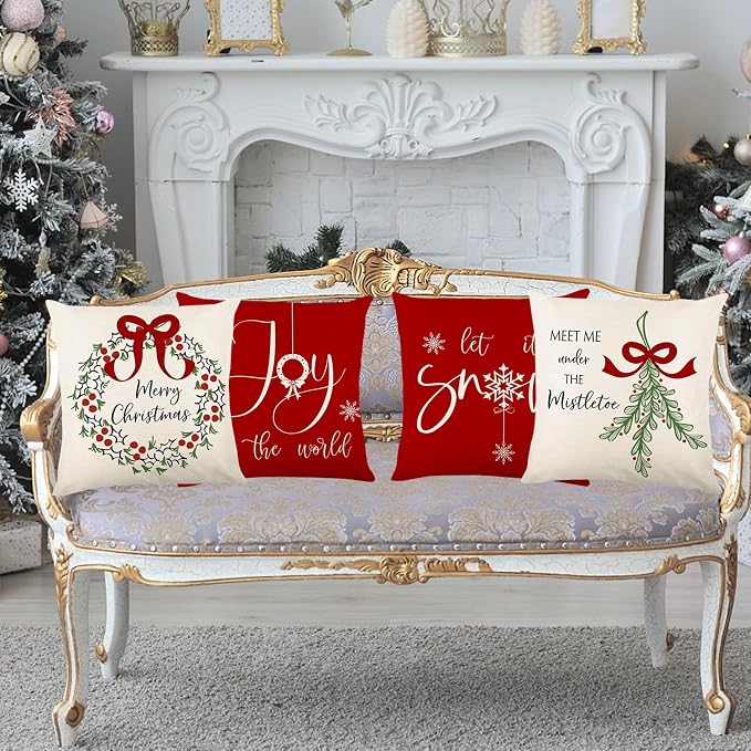 ONFAON Christmas Decorations - Christmas Pillow Covers 18x18 Set of 4, Holiday Christmas Decor Home Sofa Couch Cushion Indoor Decorations