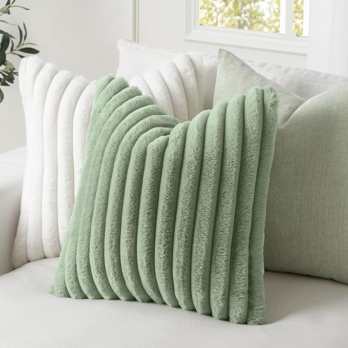 MIULEE Faux Fur Decorative Throw Pillow Covers 20x20 Set of 2 Sage Green | Modern Soft Plush Couch Pillows, Cozy Fluffy Cushion Covers for Sofa Bed Living Room Home Decor