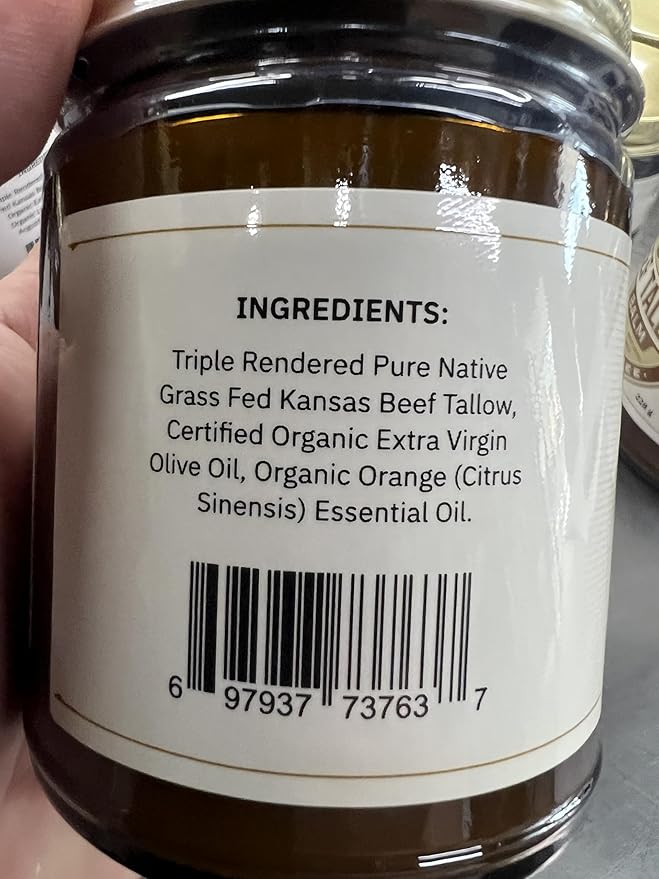 Grass Fed Beef Tallow Balm - 8 oz - Made in USA - Organic Grass Fed and Finished - Moisturizing Skin Care Orange
