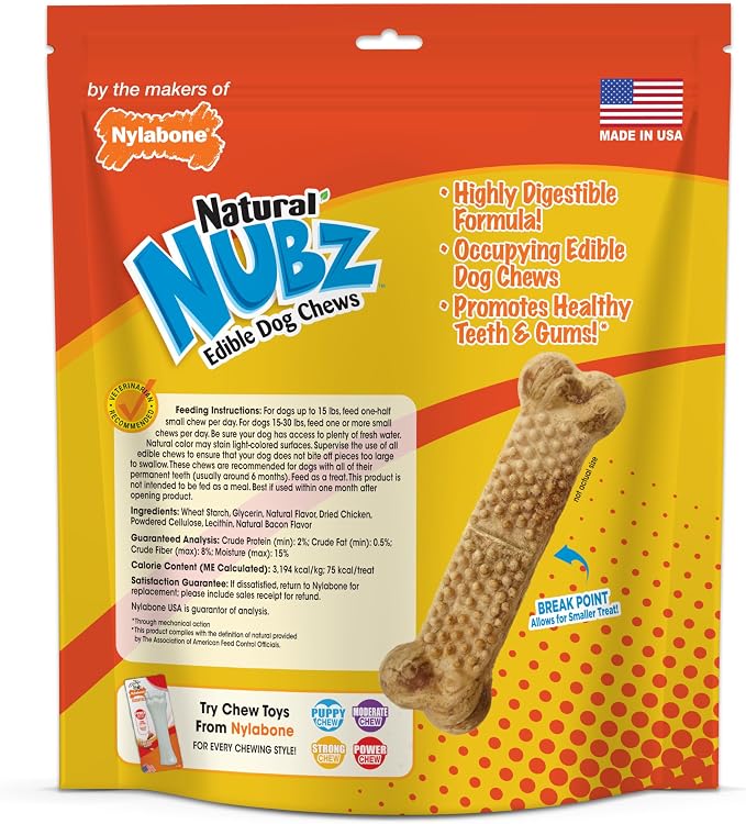Nylabone Nubz Natural Dog Treats Made with Real Chicken, Small, 36 Count | Long lasting dog chews, made in USA, limited ingredients, highly digestible, dog dental treats for small dogs up to 30 lbs