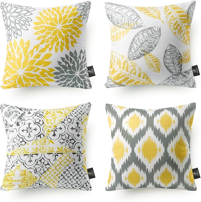 Phantoscope Set of 4 New Living Series Yellow and Grey Decorative Throw Pillow Case Cushion Cover 20 x 20 inches 50 x 50 cm