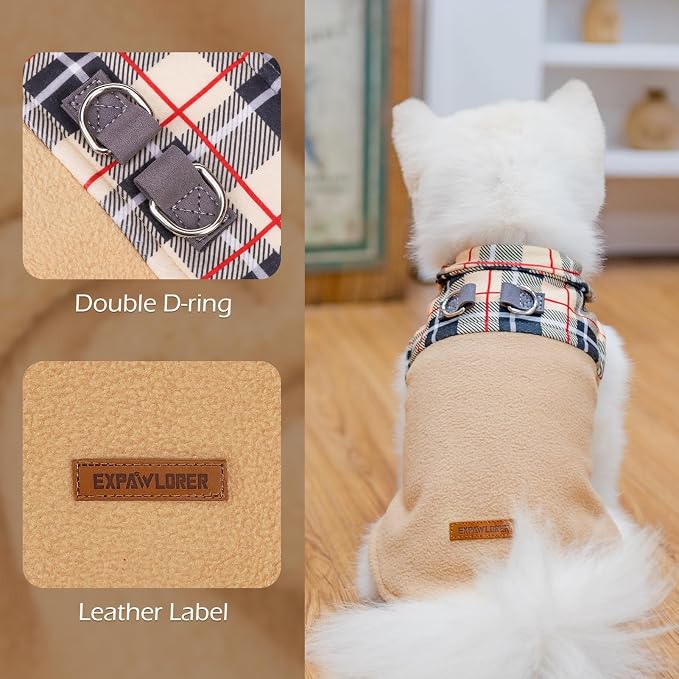 Fleece Dog Sweater - Classic Plaid Dog Jacket, Winter Coat Vest with 2 D-Rings for Leash, Pet Cold Weather Clothes, Sweatershirt for Boys or Girls