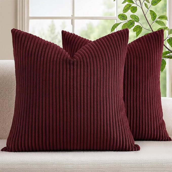 Mecatny Corduroy Decorative Throw Pillow Covers 20x20 Set of 2 Burgundy | Soft Striped Texture, Hidden Zipper Design, Neutral Boho Square Pillow Cases for Sofa Couch Living Room Bedroom, Home Décor