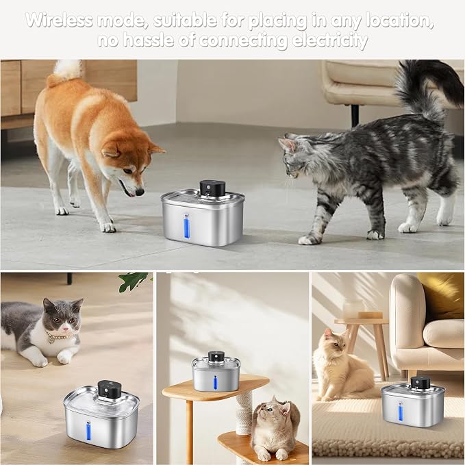 BOORCA Wireless Cat Water Fountain Stainless Steel, 169oz/5L Cordless Smart Pet Water Fountain with 5000mAh Battery & Ultra Quiet Pump, Automatic Pet Water Dispenser for Cats & Dogs, 3 Filters