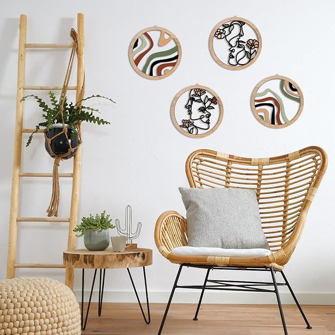 Boho Fashion Woman Wall Decor, Abstract Geometric Line Hanging Wooden Wall Art, 4 Pieces 10''x10'' Minimalist Aesthetic Female Women Face and Floral Wood Sign for Bedroom Living Room, Lady Gift