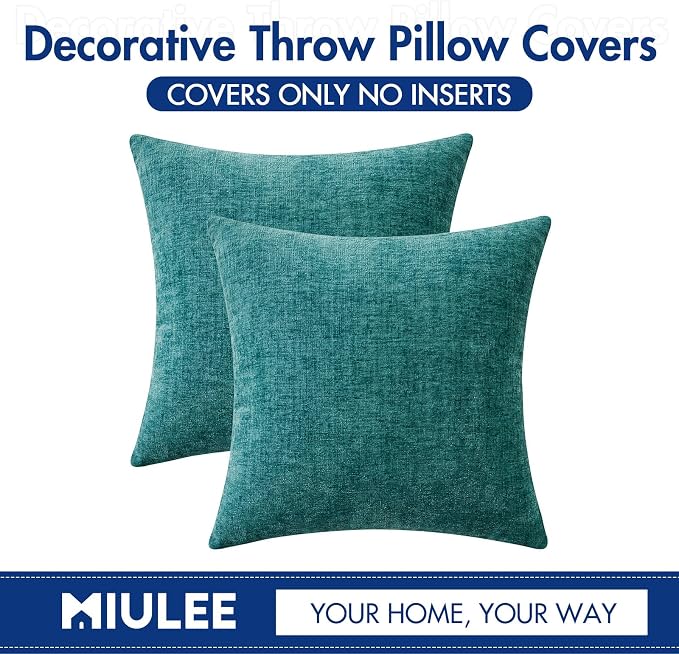MIULEE Soft Chenille Euro Throw Pillow Covers Teal 26x26 Pack of 2 | Modern Home Decor, Classic Decorative Pillows, Solid Dyed Cases, Boho Couch Cushion Covers for Sofa Bed Living Room