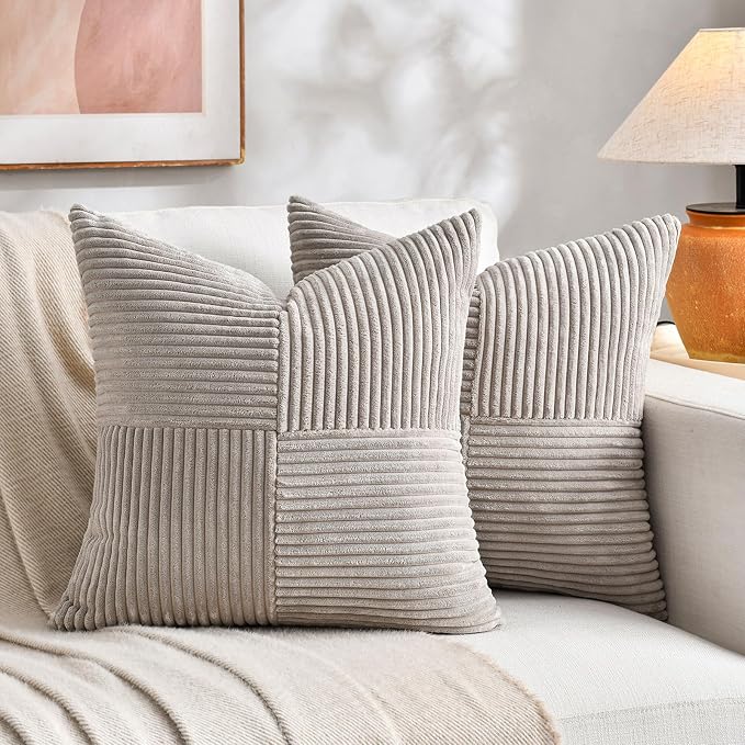 Fancy Homi Neutral Taupe Big Decorative Throw Pillow Covers 24x24 Inch for Couch Bed Sofa, Rustic Farmhouse Boho Home Decor, Soft Corss Corduroy Patchwork Accent Square Cushion Case 60x60 cm
